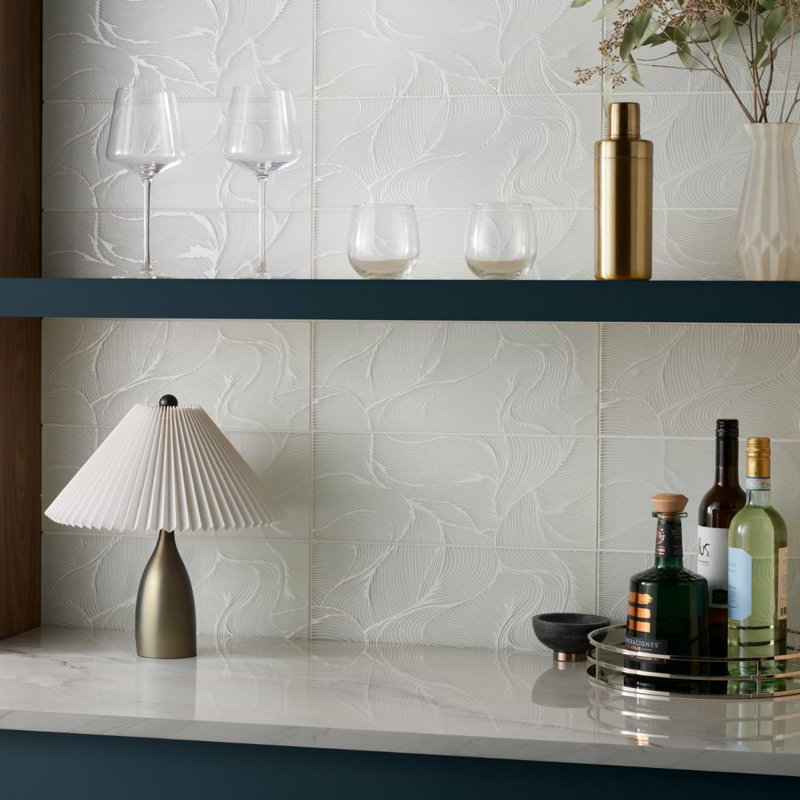 Sonya Waves 6x16 Frosted Glass Tile, Pearl White