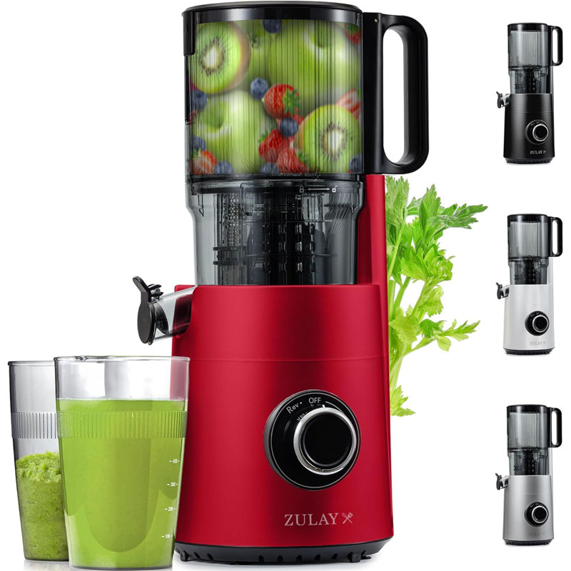 Zulay Kitchen Cold Press Juicer 5" Wide Chute, 50 Rpm Slow Masticating Juicer For Less Oxidation Patented For High Juice Yield, 4-part Filtration, Stainless Steel Blades For Whole Fruits & Vegetables - Red