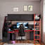 Lit mezzanine en bois d'inspiration Esports avec escalier de rangement, bureau, tablettes et panneau perforé-426557353-426557359