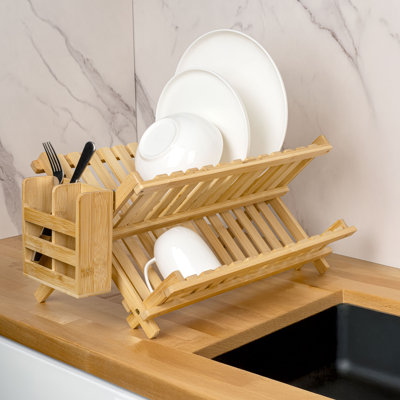 Arlen Farmhouse Bamboo Foldable 2-Tier Dish Drying Rack with Detachable Utensil Holder, Natural