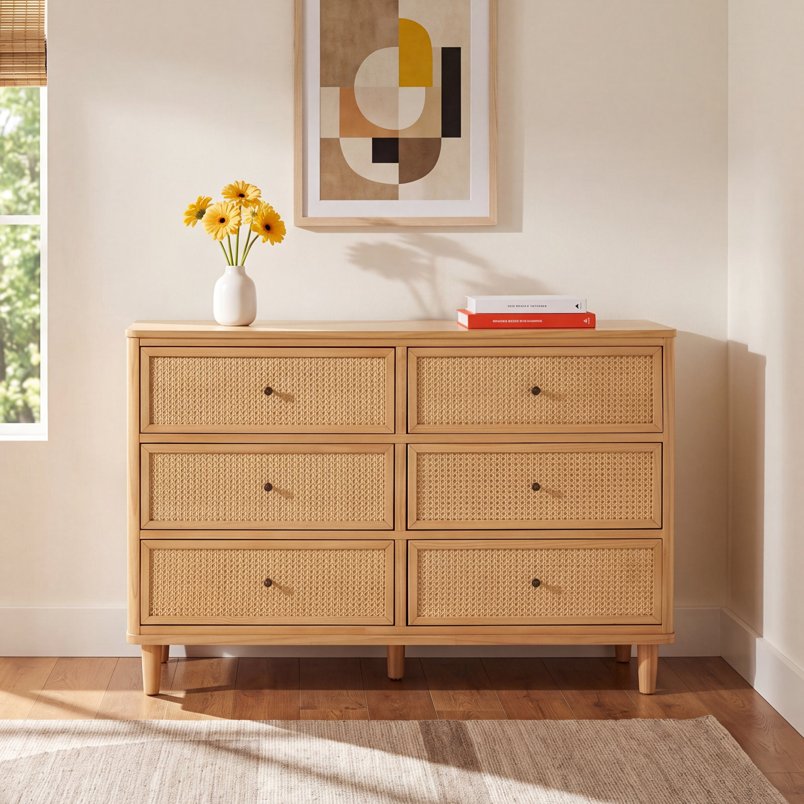 Marin 6-Drawer Dresser, Honey/ Honey Cane