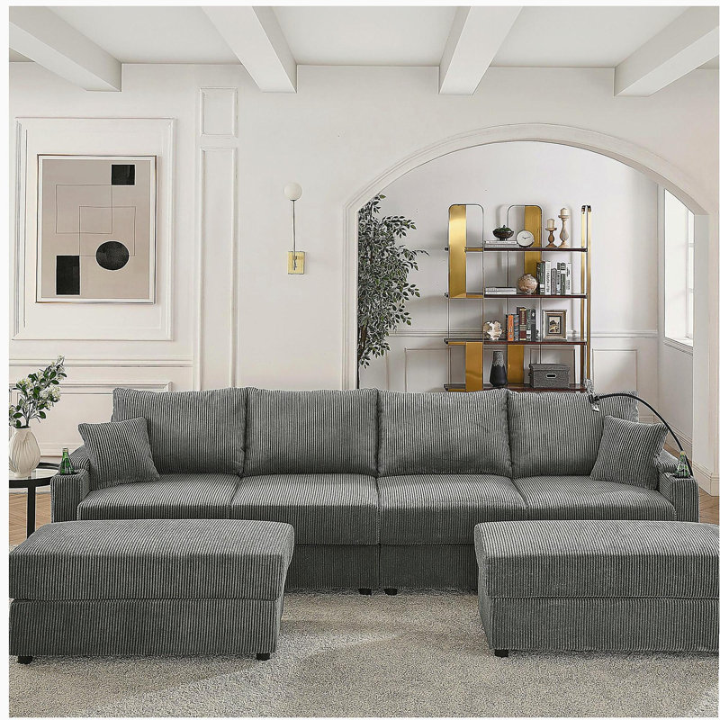 Canapé en U moderne pour quatre personnes avec espace de rangement, deux repose-pieds, canapé profond avec porte-gobelet et porte-téléphone, canapé en velours côtelé gris, convient au salon