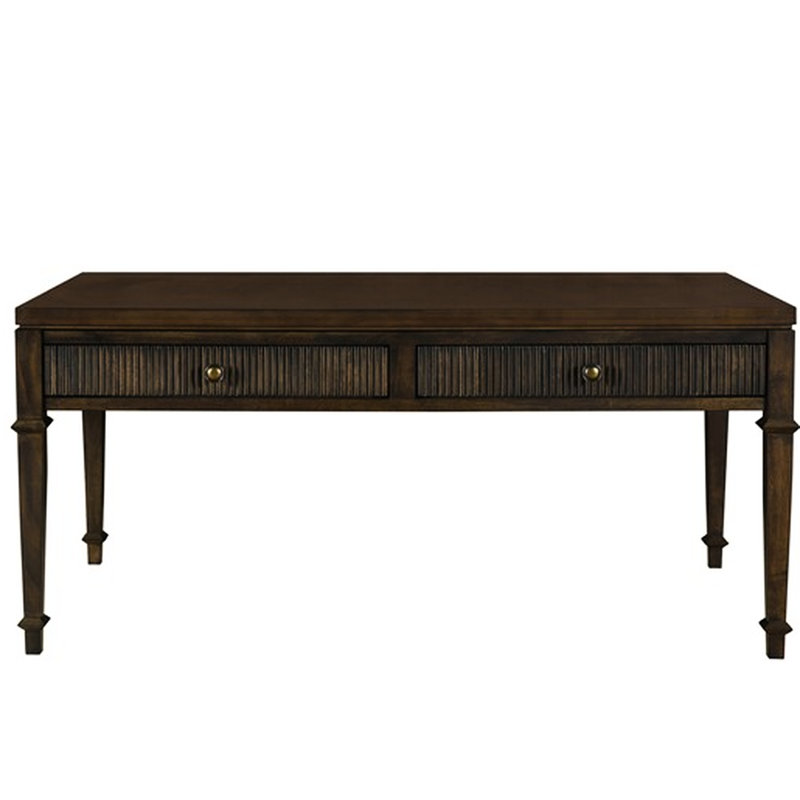 Table basse en bois brun foncé avec deux tiroirs et protection de plancher