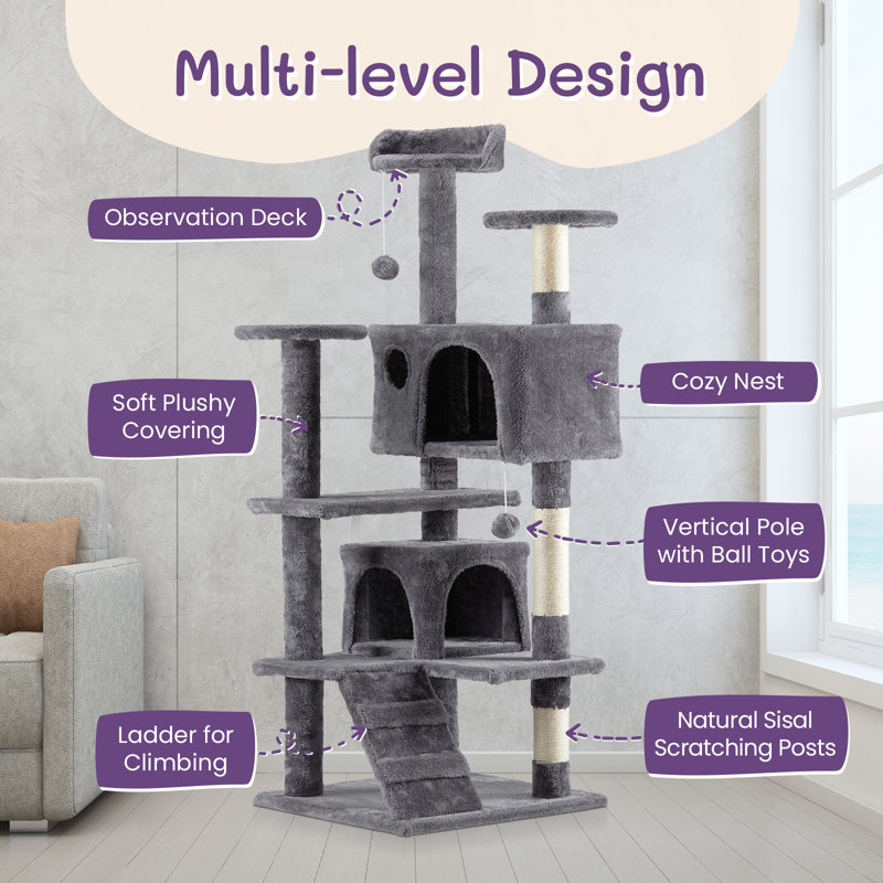 Dark Grey Multi-Level Cat Tree Condo with Sisal Scratching Posts