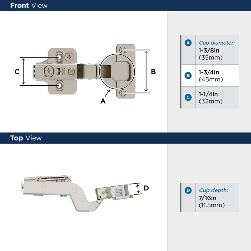 Nickel Full Inset Frameless Soft Close Euro Cabinet Hinge Pair