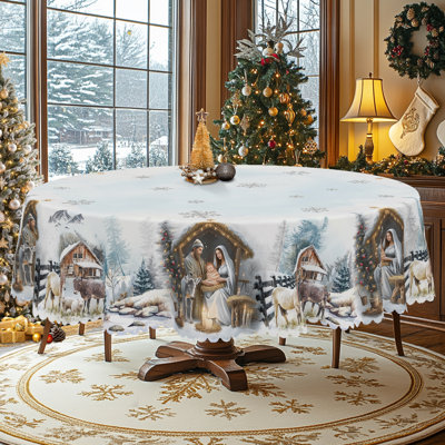 1pc Christmas Themed Print Tablecloth, Round/Rectangular Table Cloth, Mantel Para Mesa De Comedor, Xmas Decor, Holiday Party Indoor Dining Decor, Round Rectangle Christmas Table Cover, Festive Home Kitchen Accessory Gifts, Several Sizes Available