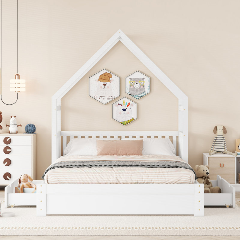 Lit plateforme House avec garde-corps et tiroirs, Blanc