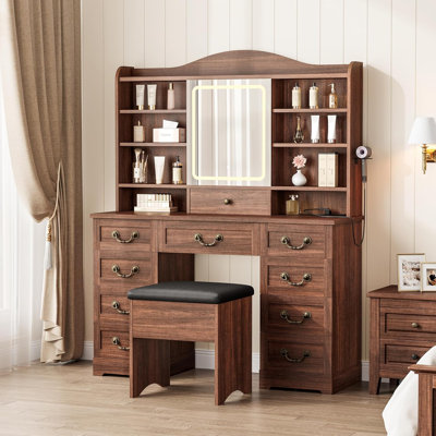 Makeup Vanity Desk with Mirror and Lights, Vanity Table with Chair, Vanity Desk with 10 Drawers and 10 Storage Shelves, Adjustable LED Light Makeup Desk with Power Outlet for Bedroom
