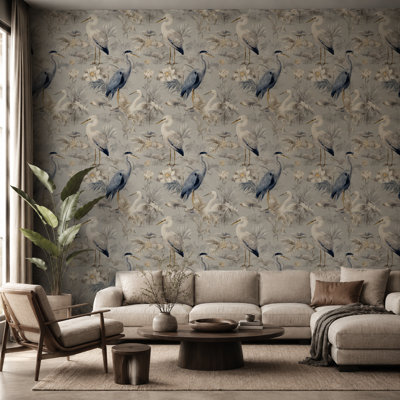 Papier peint botanique rétro héron et lotus en gris et bleu