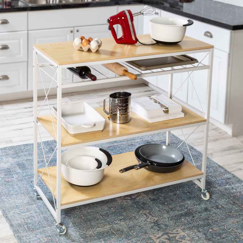 White and Oak Rolling Kitchen Cart with Wine Rack and Storage