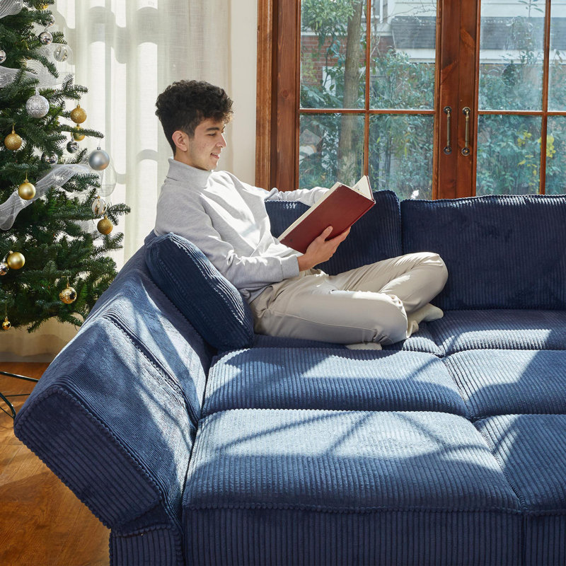 Ensemble de canapé modulaire en velours Ridoy, Velours côtelé bleu
