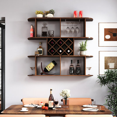Rustic 3 Tier Wall Mounted Wine Rack, Multifunctional With Glass Holder For Home Bar Dining Room Display Decor, Walnut Particle Board, 47.38 In Depth,