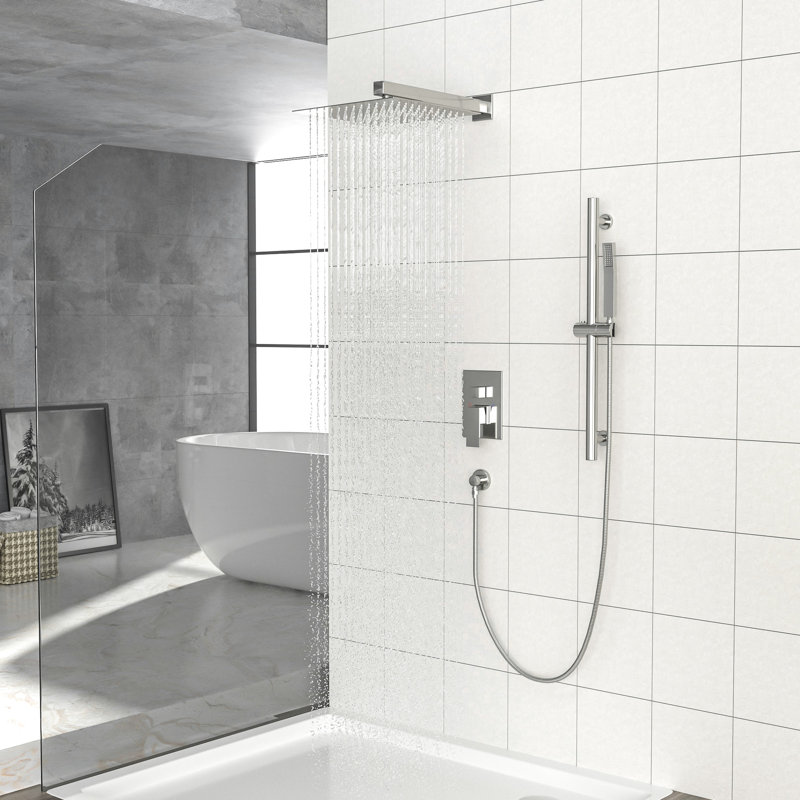 Système de douche carré 12 po Nickel brossé - Barre coulissante réglable, soupape équilibrée et pièce à main avec composant