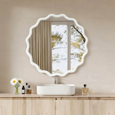 30 Inch Wavy Round Solid Wood Frame Decorative Mirror,For Bedroom, Bathroom, Living Room, Entryway