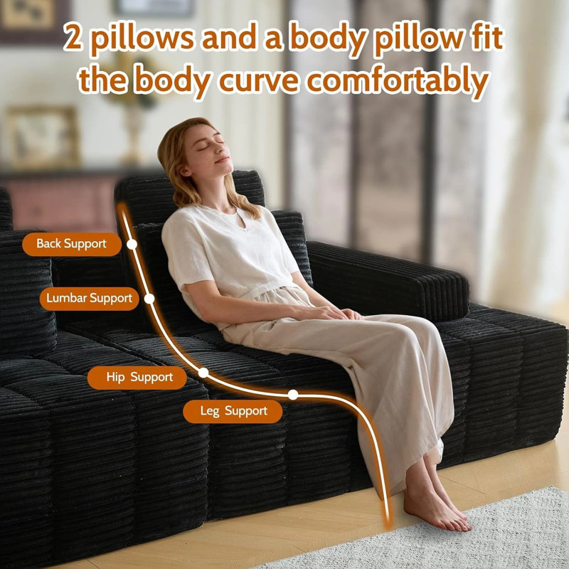 Boneless Compression Couch For Living Room,Modular Selectional Sofa,Deep Oversized Comfy Corduroy Lounge Chaise,Lawrence ,Non Assemble Required,