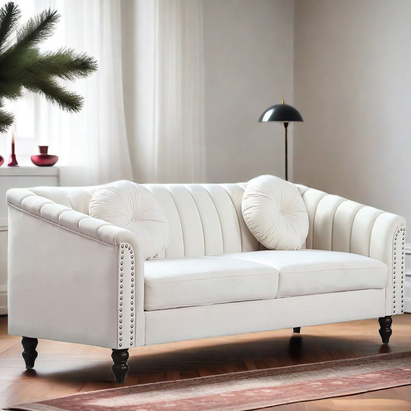 Canapé Mikole, Velours beige, H 31 po x l 75 po x P 31 po