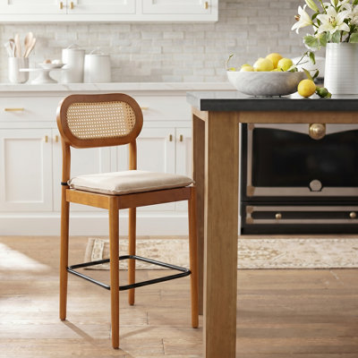 Jacindo Coastal Solid Wood Counter Stool with Rattan Backrest and Removable Padded Cushion