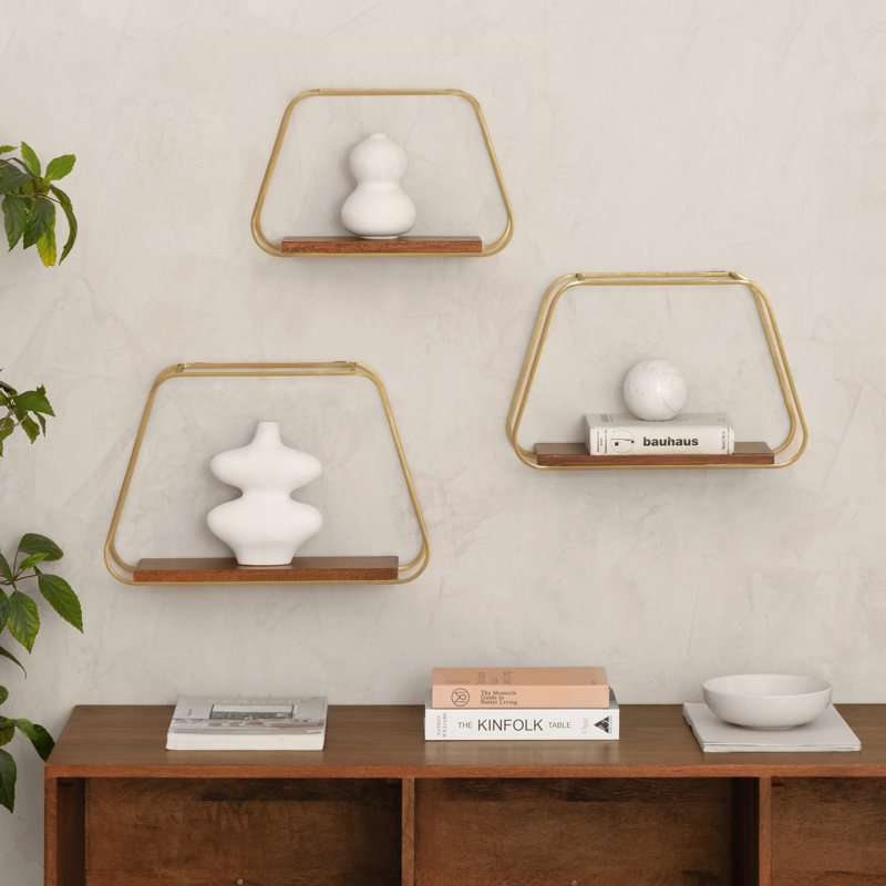 Wetherill Trapezoid-Shaped Solid Wood & Metal Wall Accent Shelves