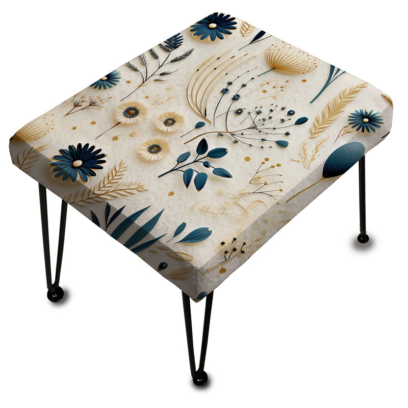 Repose-pieds rectangulaire bleu et blanc à motif de fougères bleu et blanc