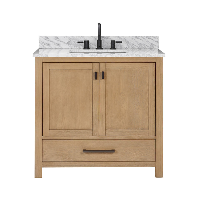 Modero 36" Single Bathroom Vanity with Top, Carrera White Marble, Brushed Oak, Black
