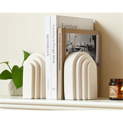 Decorative Bookends For Shelves, Set Of 2 Book Ends For Heavy Books, Layered Arch Design Beige Bookend