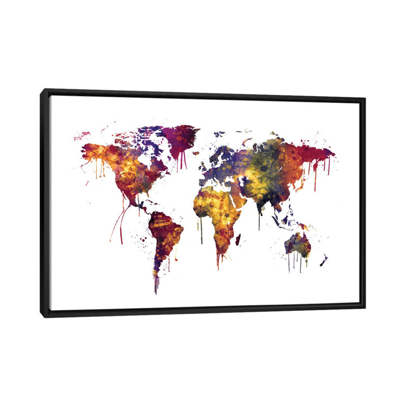 World Map Series: Dripping Effect III, impression sur toile tendue, H 18 po x l 26 po x P 1,5 po, Toile avec cadre noir
