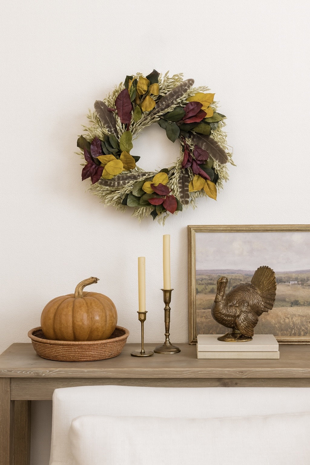 Natural Dried and Preserved Fall Leaves Wreath with Turkey Feathers, Green/Red/Yellow