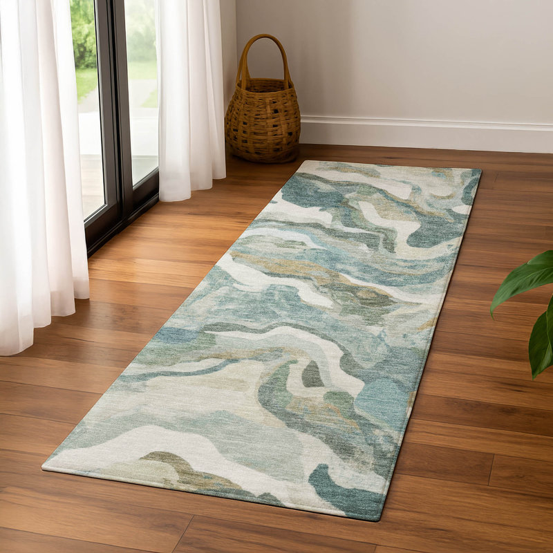 Tapis moderne lavable à la machine de qualité supérieure Mayfield AMF2162, Tapis de couloir 2 pi 3 po x 7 pi 6 po, Sarcelle