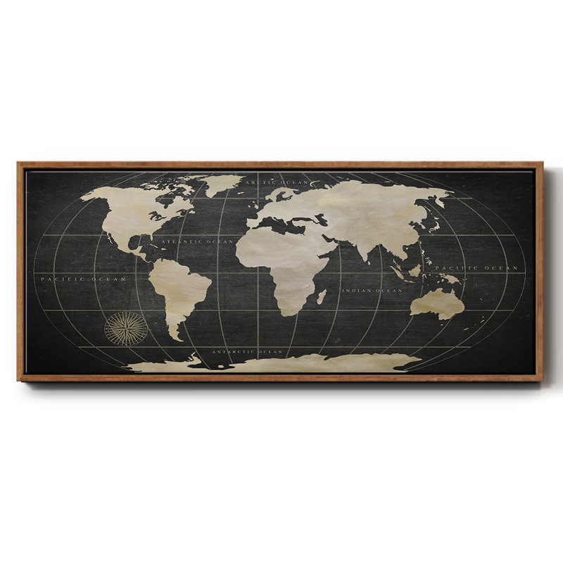 Carte du monde rétro - reproduction de cadre flottant sur toile, H 24 po x l 60 po x P 1,5 po, Noyer