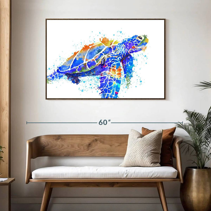 Aquarelle de tortue de mer, 46 po x 31 po, Cadre flottant noyer