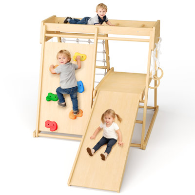 6-in-1 Wooden Indoor/Outdoor Kids Playground Jungle Gym – Child-centered Toddler Climber Playset with Slide, Swing, Monkey Bars, Rope Ladder, Climbing Net – Home Gym for Ages 1-8
