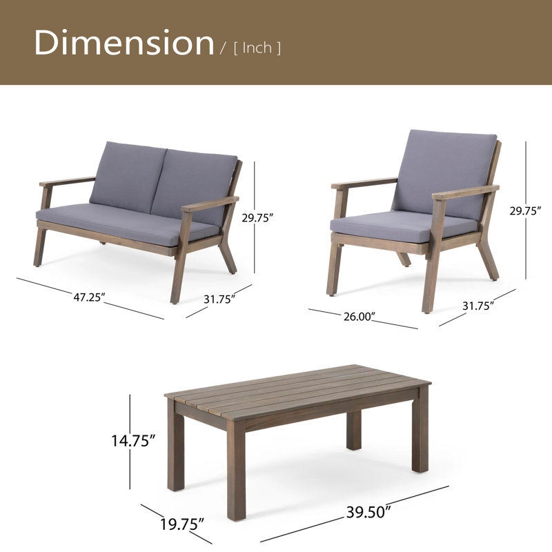 Ensemble de conversation d'extérieur 4 places en bois d'acacia_ Causeuse et table basse et 2 fauteuils club, Gris