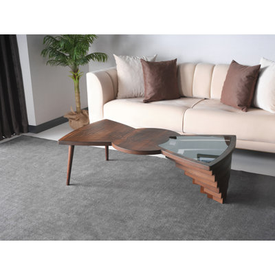 Table basse modèle Vindula, centre de table en bois, plateau en verre trempé, placage de noyer