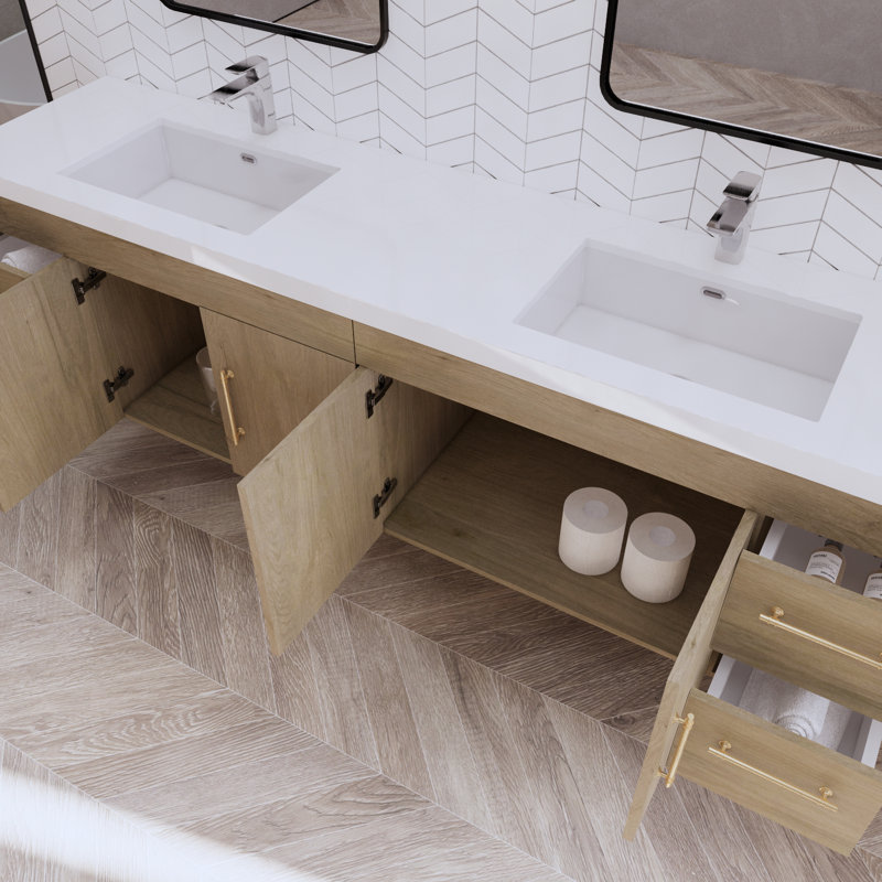 Mapleview 83.46'' Double Bathroom Vanity with Acrylic Top, White Oak