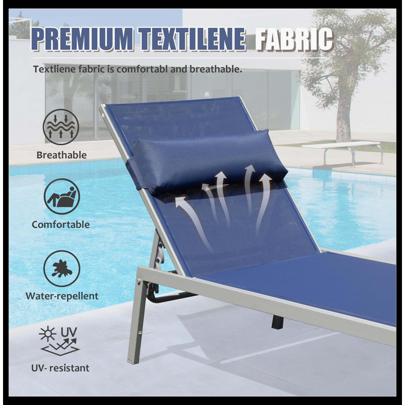 Patio Chaise Lounge Set Of 3, Rust-Resistant Aluminum Pool Lounge Chairs With Detachable Side Table, Outdoor Adjustable Recliners With All-Weather Fabric For Poolside, Beach, Yard & Balcony (Navy Blue)