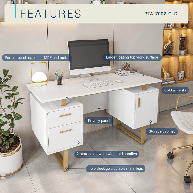 51'' Floating Rectangle Computer Desk with Drawers and Storage Cabinet, White