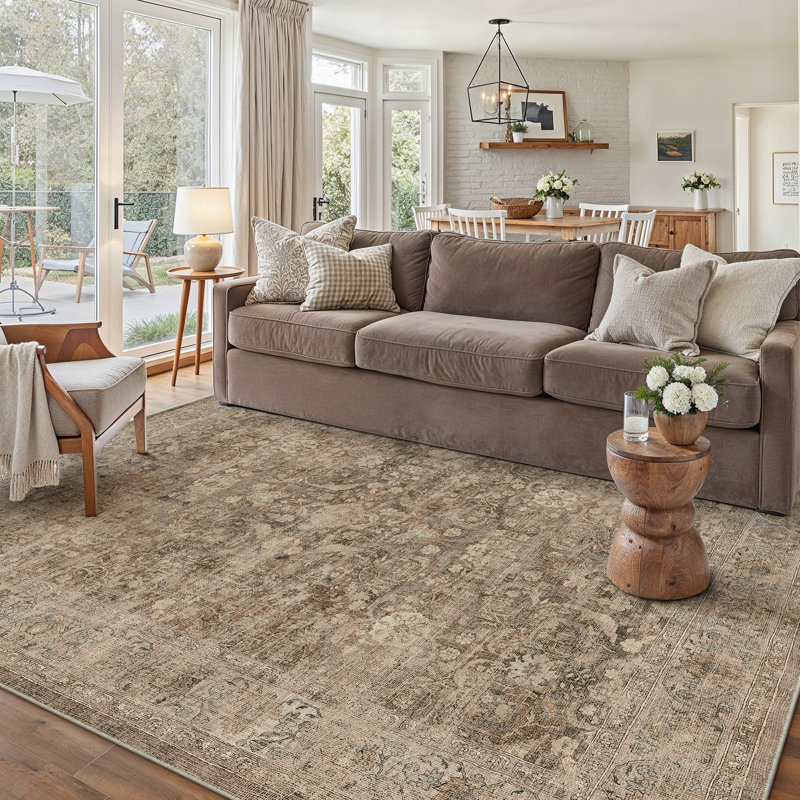 Bremerton Vintage Washable Light Brown Area Rug With Non-Slip Backing, Rectangle 5' x 7', Light Brown