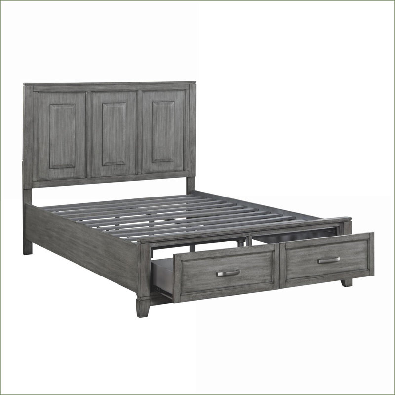 Grand lit plateforme en placage d'okoumé gris avec tiroirs de rangement, aucun lit requis