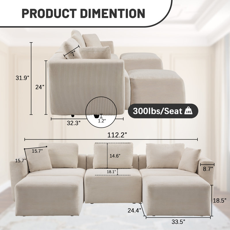 Canapé modulaire en velours côtelé avec pouf de 110 po Boneless, Velours côtelé blanc cassé