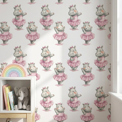 Papier peint hippopotame fantaisiste rose sur fond blanc