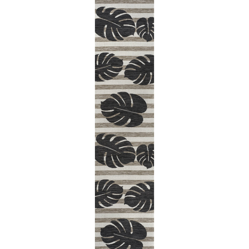 Colgin Classic Beach Stripe and Monstera Leaf Black/Beige Indoor/Outdoor Rug, Runner 2' x 7'10"