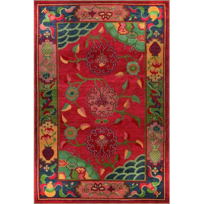 Red Tone Floral Pattern Base Rug Machine Washable