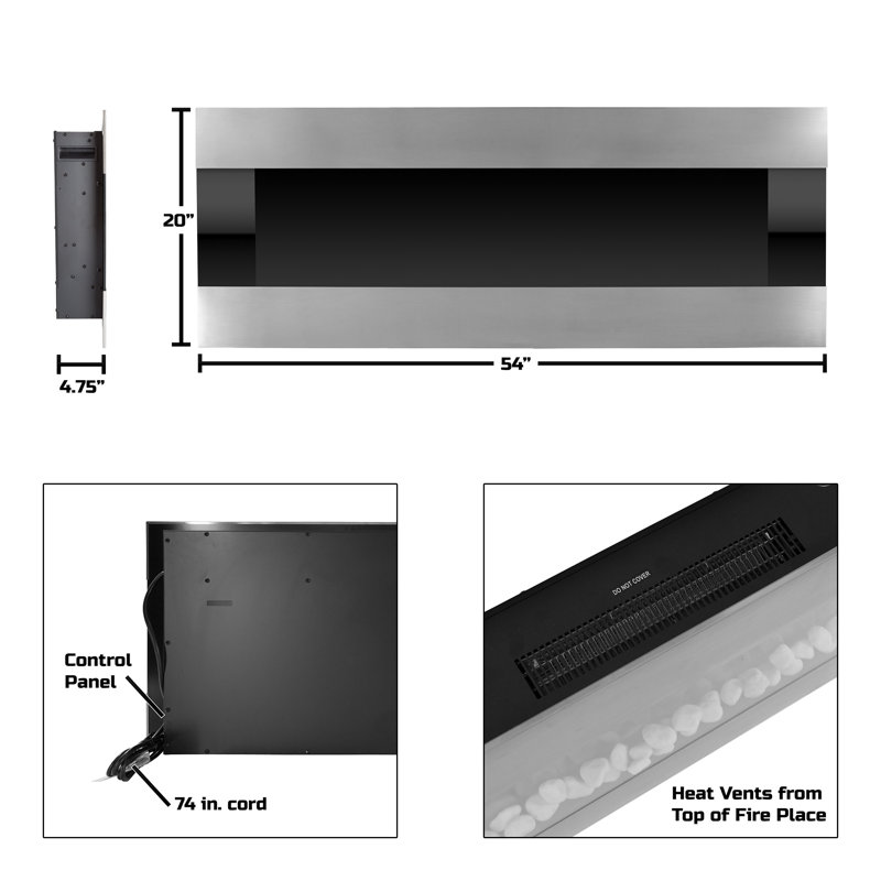 Kody Electric Fireplace - 54 Inch Wall Mounted Fireplace Heater with Remote Control Adjustable LED Flame Color, Timer, and Heat