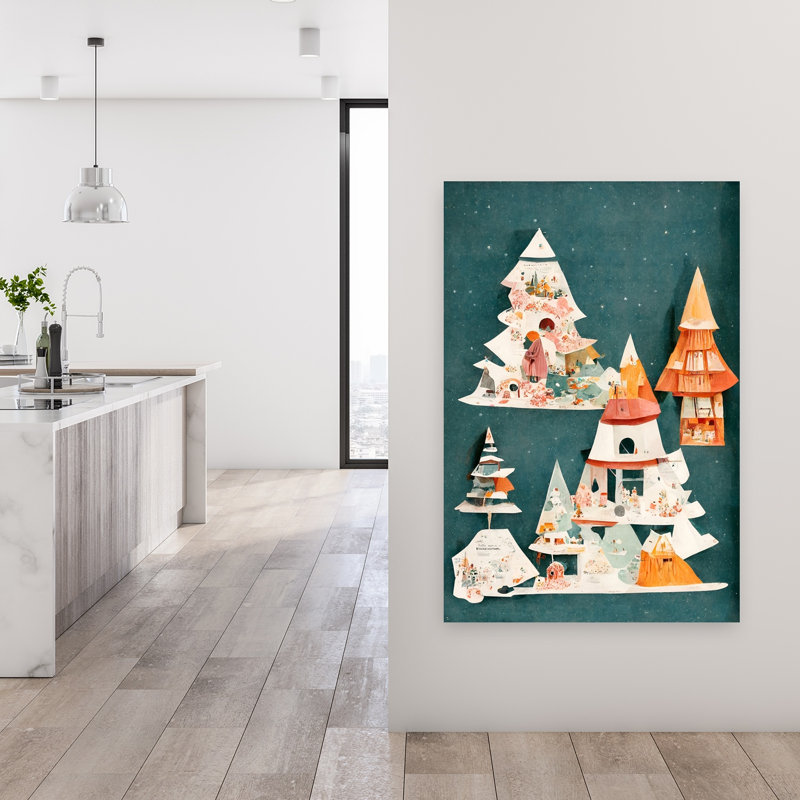 Enchanted Forest Homes, arbre de Noël moderne et coloré, forêt, impression d'art mural, 48" H x 32" W