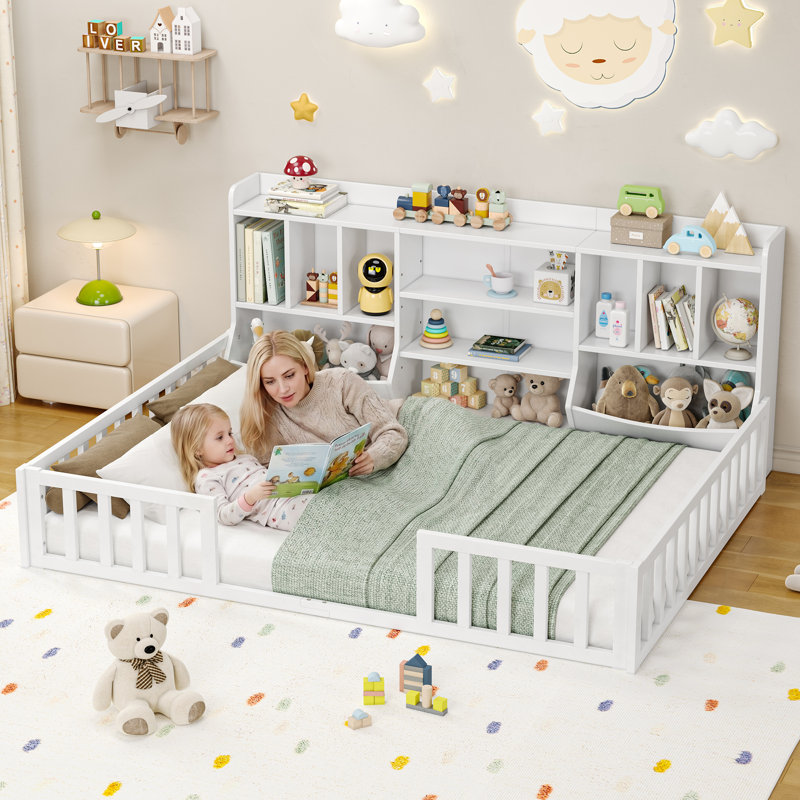 Lit double sur pied avec bibliothèque et tablettes de rangement, cadre de lit Montessori avec rails de sécurité, sans lattes, blanc