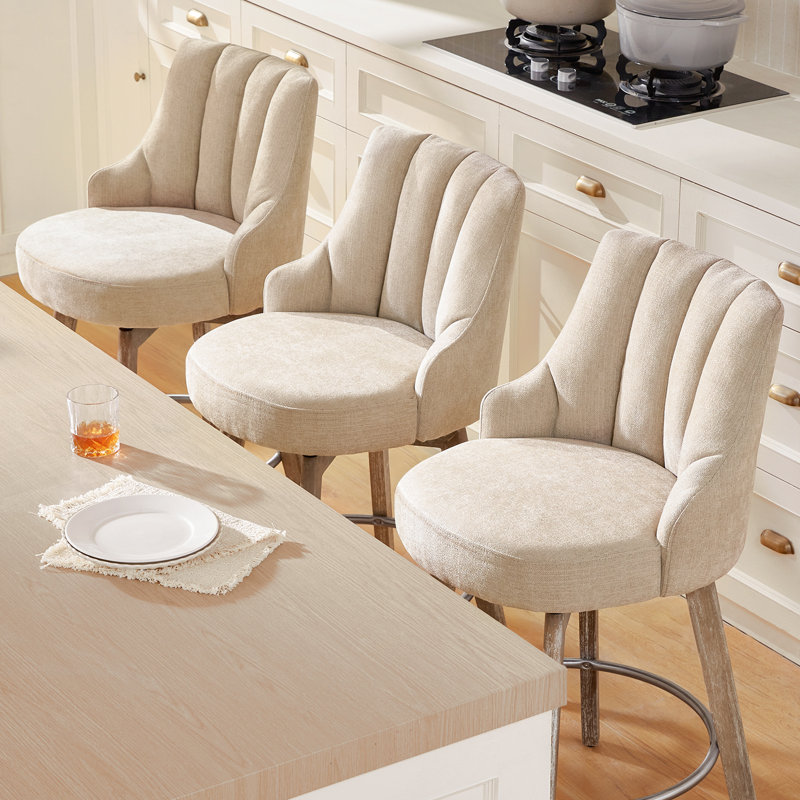 Counter Height Bar Stools,Swivel Bar Stools with Backs,Barstools Set of 3,26'' Solid Wood Legs,Thick Seat Upholstered Linen Fabric Counter Height Stools in Sand