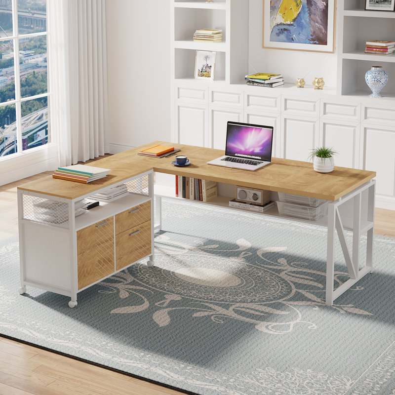 Modern 63" Executive Computer Desk and 31"Lateral File Cabinet, Professional  Home Office Furniture, Light Walnut/White