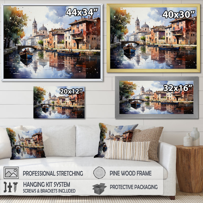 «Beige Canal Waterway Pointillism», reproduction sur toile, H 30 po x l 40 po x P 1,5 po, Cadre flottant noir