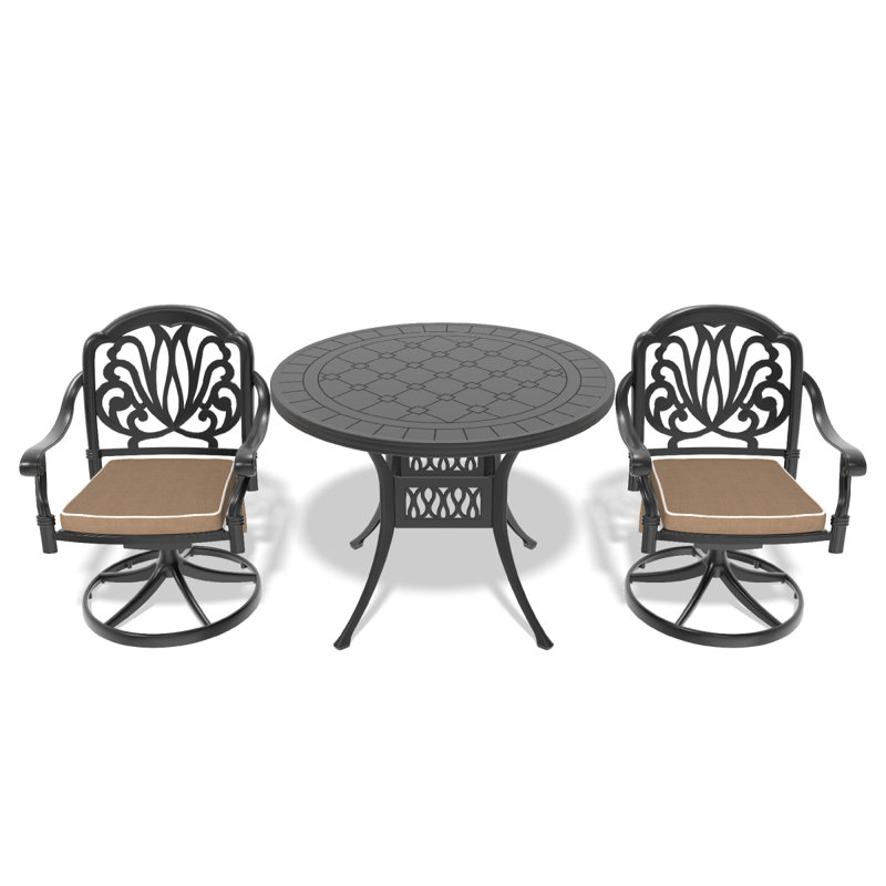 L'ensemble de salle à manger en aluminium coulé Allweather comprend des chaises pivotantes et une table ronde de 39,37 po avec un cadre noir