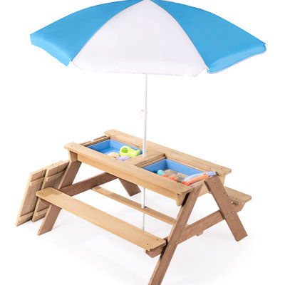 31 Wooden ' Outdoor Picnic Table With Umbrella - Convertible Sand & Water Play Adjustable Natural Sand/Water